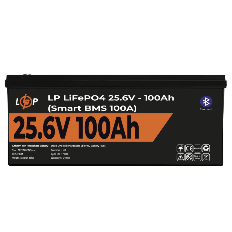 Акумулятор LP LiFePO4 24V (25,6V) - 100 Ah (2560Wh) (Smart BMS 100А) с BT пластик Уцінка