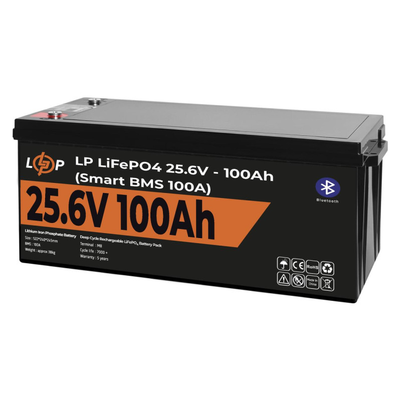 Акумулятор LP LiFePO4 24V (25,6V) - 100 Ah (2560Wh) (Smart BMS 100А) с BT пластик Уцінка