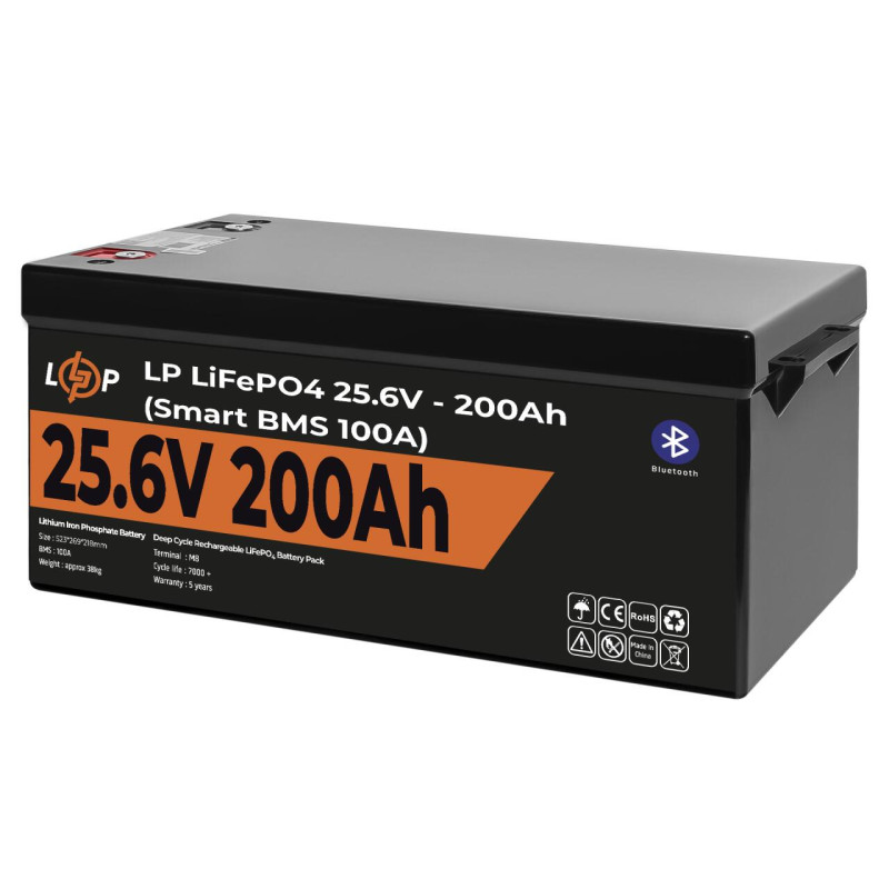 Акумулятор LP LiFePO4 24V (25,6V) - 200 Ah (5120Wh) (Smart BMS 100А) с BT пластик Уцінка